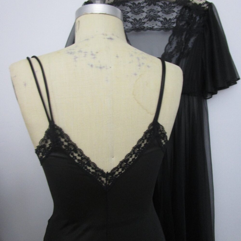 Black Peignoir Set Night Gown Robe Vintage Huge Sweep - Picture 12 of 16
